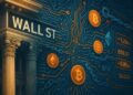 Columnas clásicas de Wall Street integradas a circuitos digitales stablecoins y precios de criptomonedas