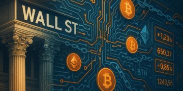 Columnas clásicas de Wall Street integradas a circuitos digitales stablecoins y precios de criptomonedas