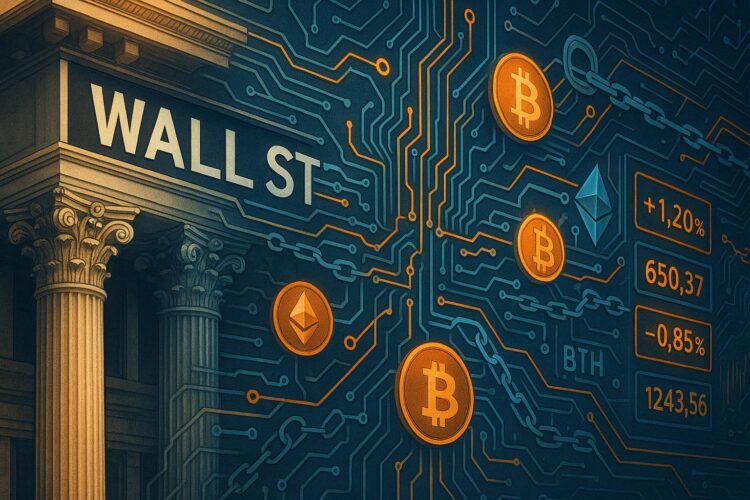 Columnas clásicas de Wall Street integradas a circuitos digitales stablecoins y precios de criptomonedas