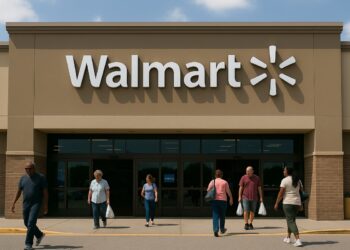 Vista de la fachada de Walmart con varios clientes entrando y saliendo por puertas de vidrio en un día despejado