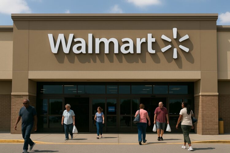 Vista de la fachada de Walmart con varios clientes entrando y saliendo por puertas de vidrio en un día despejado