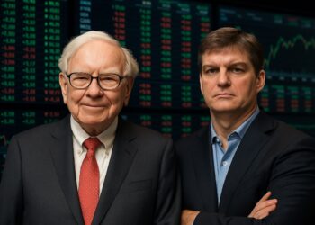 Warren Buffett y Michael Burry ante pantallas con gráficos bursátiles en un montaje editorial