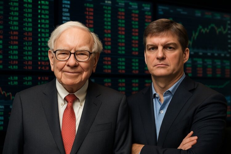 Warren Buffett y Michael Burry ante pantallas con gráficos bursátiles en un montaje editorial
