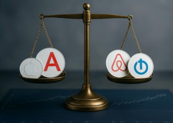 Balanza bursátil con Apple y Alphabet en un platillo y Airbnb y The Trade Desk en el otro.