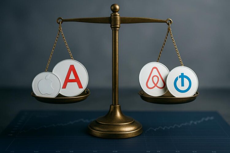 Balanza bursátil con Apple y Alphabet en un platillo y Airbnb y The Trade Desk en el otro.