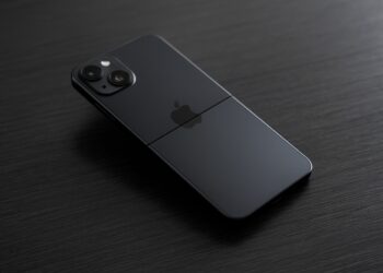 Prototipo de iPhone plegable sobre mesa sobria con logo de Apple sutil.
