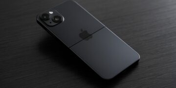 Prototipo de iPhone plegable sobre mesa sobria con logo de Apple sutil.