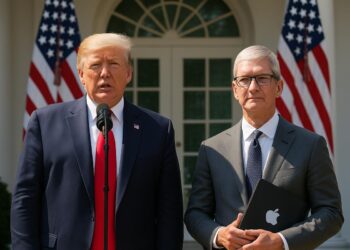 Donald Trump y Tim Cook frente a la Casa Blanca durante anuncio de inversión de Apple