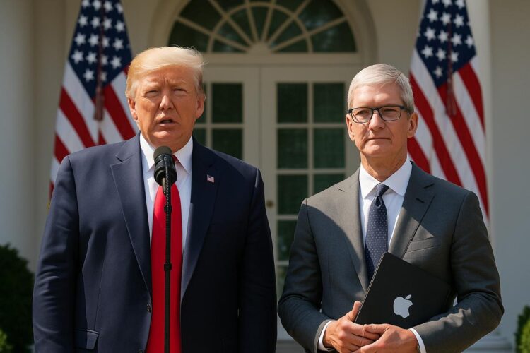 Donald Trump y Tim Cook frente a la Casa Blanca durante anuncio de inversión de Apple