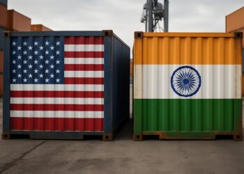 Contenedores con banderas de EE. UU. e India simbolizan disputa por aranceles.