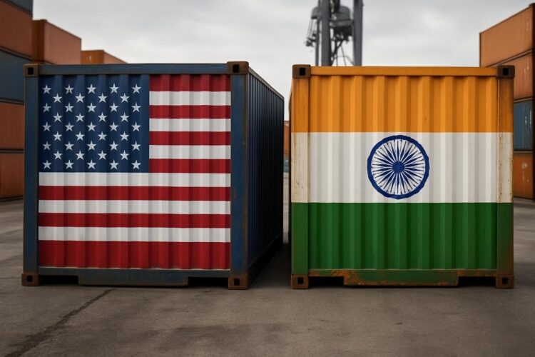 Contenedores con banderas de EE. UU. e India simbolizan disputa por aranceles.