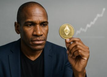 Arthur Hayes sostiene una moneda de Ethereum dorada con gesto serio sobre fondo gris.