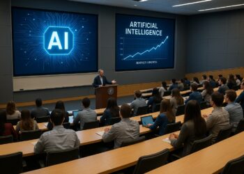 Auditorio del MIT con estudiantes ficticios y pantallas proyectando gráficos de inteligencia artificial y crecimiento de mercado