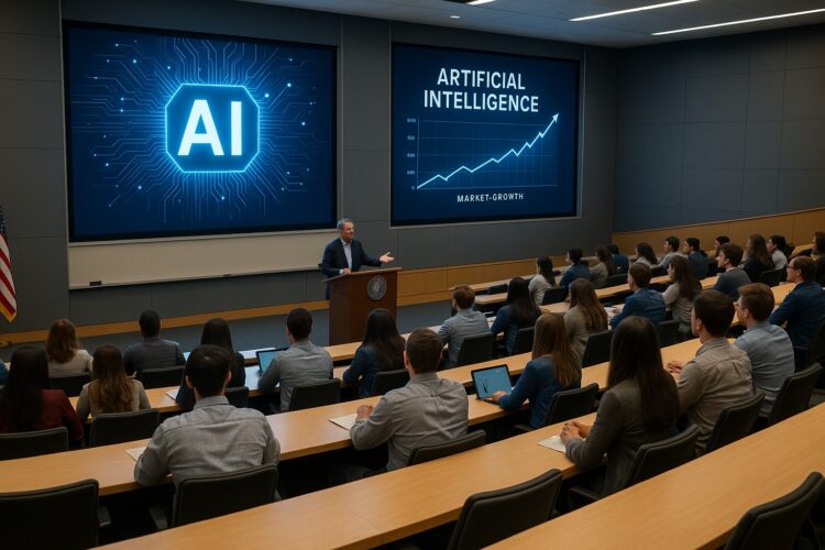 Auditorio del MIT con estudiantes ficticios y pantallas proyectando gráficos de inteligencia artificial y crecimiento de mercado