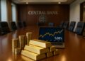 Mesa de sala de juntas de banco central con lingotes y monedas de oro en primer plano