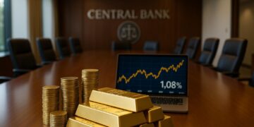 Mesa de sala de juntas de banco central con lingotes y monedas de oro en primer plano