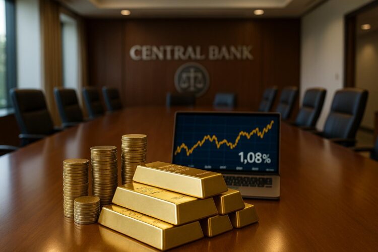 Mesa de sala de juntas de banco central con lingotes y monedas de oro en primer plano