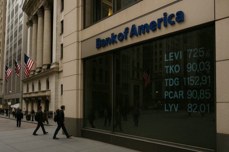 Fachada de Bank of America en Nueva York con ambiente urbano y referencia bursátil.