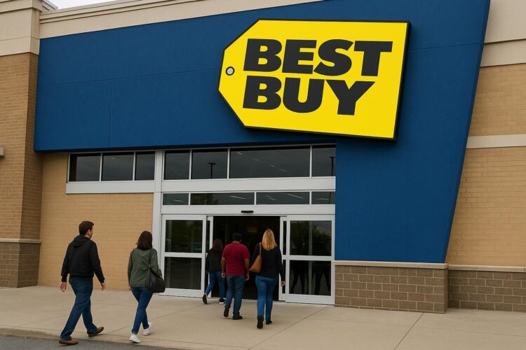 Fachada de tienda Best Buy con clientes entrando por la puerta principal y logo amarillo visible
