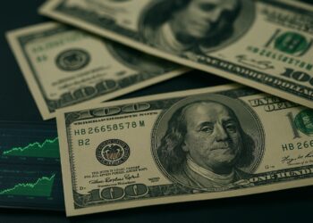 Fotografía macro de varios billetes de dólar sobre una mesa de operaciones financieras.