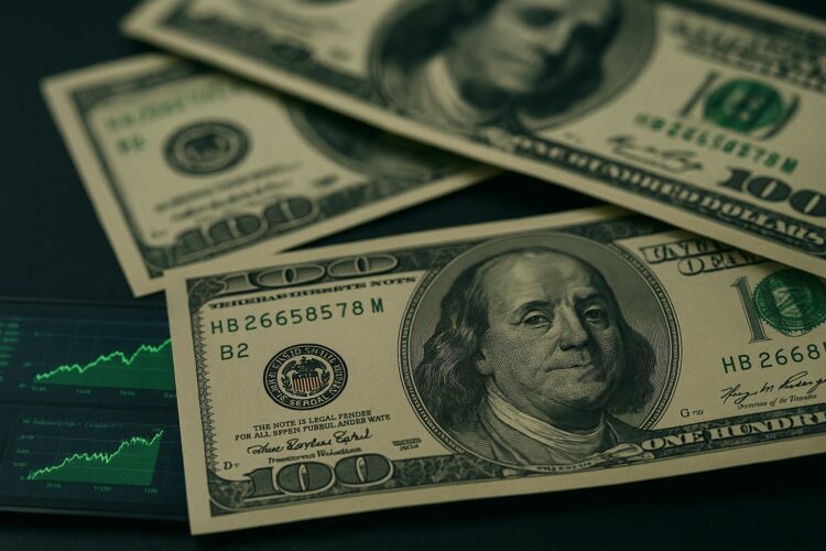 Fotografía macro de varios billetes de dólar sobre una mesa de operaciones financieras.