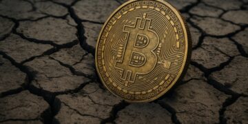 Bitcoin en terreno seco simbolizando la caída del precio.