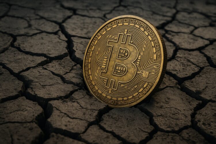 Bitcoin en terreno seco simbolizando la caída del precio.