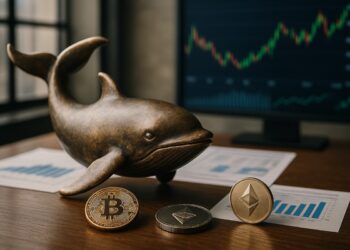 Escultura metálica de ballena con reflejos de Bitcoin y Ether en ambiente editorial.