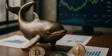 Escultura metálica de ballena con reflejos de Bitcoin y Ether en ambiente editorial.