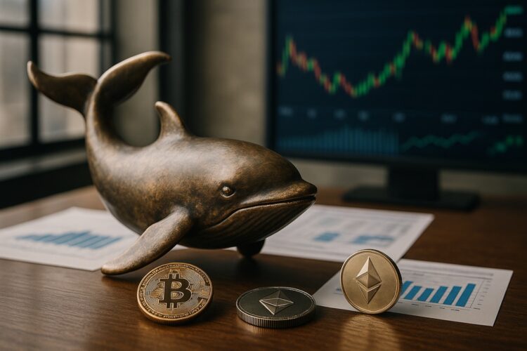 Escultura metálica de ballena con reflejos de Bitcoin y Ether en ambiente editorial.