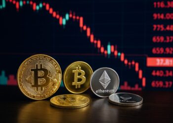 Varias monedas de Bitcoin y Ether en una mesa con un tablero digital al fondo mostrando caídas en rojo.