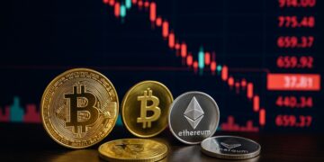 Varias monedas de Bitcoin y Ether en una mesa con un tablero digital al fondo mostrando caídas en rojo.