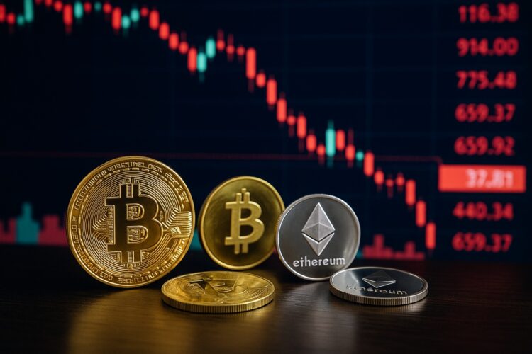 Varias monedas de Bitcoin y Ether en una mesa con un tablero digital al fondo mostrando caídas en rojo.