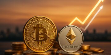 Bitcoin y Ether sobre monedas apiladas con líneas ascendentes en fondo cálido al atardecer.