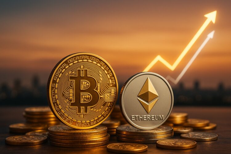 Bitcoin y Ether sobre monedas apiladas con líneas ascendentes en fondo cálido al atardecer.