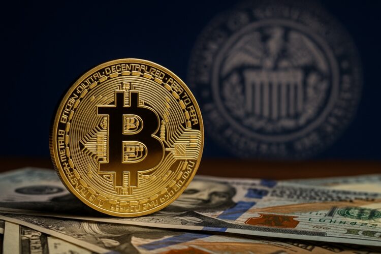 Bitcoin sobre billetes de dólares con el sello de la Reserva Federal desenfocado al fondo.