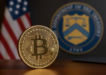 Moneda física de Bitcoin con bandera de EE. UU. y sello del Tesoro al fondo.