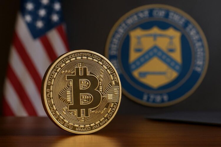 Moneda física de Bitcoin con bandera de EE. UU. y sello del Tesoro al fondo.