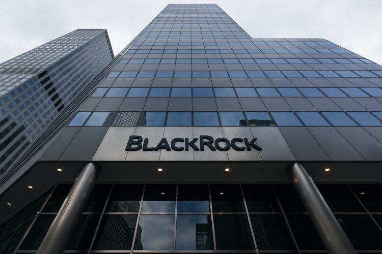 Vista panorámica de la fachada del edificio de BlackRock en Nueva York con ángulo ascendente