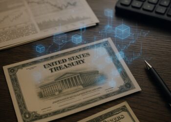 Bono del Tesoro de Estados Unidos sobre una mesa con hologramas de blockchain.