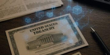 Bono del Tesoro de Estados Unidos sobre una mesa con hologramas de blockchain.