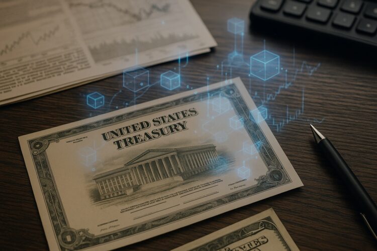 Bono del Tesoro de Estados Unidos sobre una mesa con hologramas de blockchain.