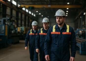 Trabajadores en fábrica de Canadá caminan entre maquinaria detenida reflejando la caída del empleo.