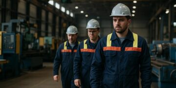 Trabajadores en fábrica de Canadá caminan entre maquinaria detenida reflejando la caída del empleo.