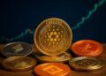 Primer plano realista de monedas de criptomonedas con Cardano al centro.