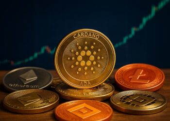 Primer plano realista de monedas de criptomonedas con Cardano al centro.