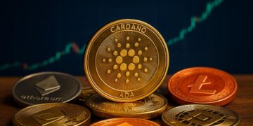 Primer plano realista de monedas de criptomonedas con Cardano al centro.