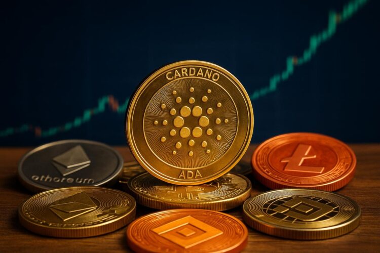 Primer plano realista de monedas de criptomonedas con Cardano al centro.