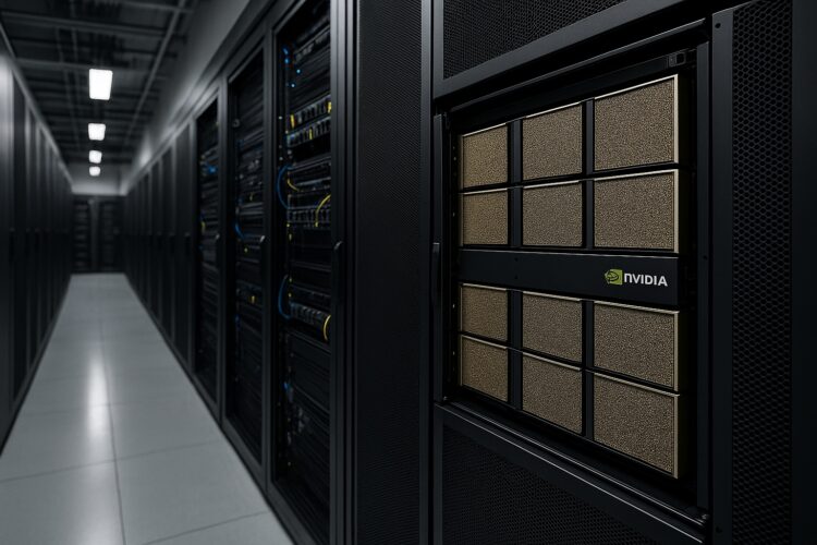 Vista de un centro de datos moderno con servidores y módulos Nvidia en racks organizados