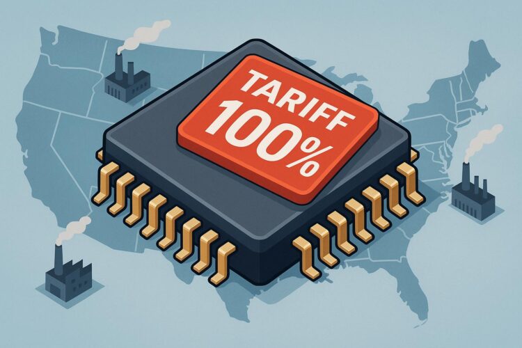 Chips con etiqueta roja de “100% tarifa” sobre mapa de EE. UU. con fábricas marcadas.